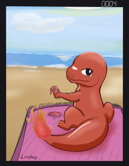 ambiguous_gender beach blue_eyes bodily_fluids claws crying dessert feral fire food ice_cream looking_at_viewer red_body red_scales sad scales simple_background solo sprawling_gait tears towel lowpoly_(artist) nintendo pokemon charmander generation_1_pokemon lizard pokemon_(species) reptile scalie hi_res shaded