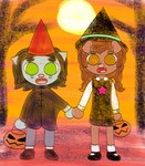 anthro clothing costume duo hand_holding holidays young riverxa halloween merry_(riverxa) river_(riverxa) canid felid feline mammal hi_res