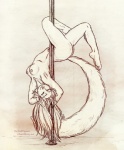 anthro breasts dancing eyes_closed female footprint fur nude pawprint pole pole_dancing solo tail tattoo upside_down white_body white_fur thetiedtigress nikki_blackcat domestic_cat felid feline felis mammal monochrome sketch