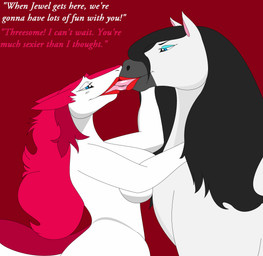 anthro bedroom_eyes bestiality black_mane black_nose blue_eyes breasts duo eyeshadow female female/female feral french_kissing hair kissing lipstick makeup mane narrowed_eyes red_background red_hair red_text seductive simple_background text tongue tongue_out white_body white_text bigboy4025_(artist) luna_mystique roxanne_bubbles equid equine horse mammal sergal 2015 absurd_res english_text hi_res