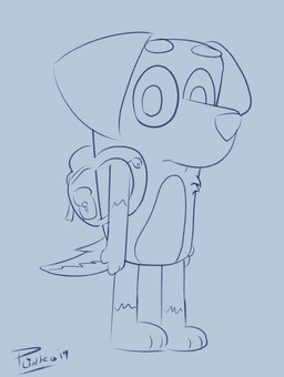 anthro backpack backpack_only bag emotionless looking_at_viewer male nude pencil_sketch simple_background solo standing stare plinko bluey_(series) fan_character bird_dog canid canine canis domestic_dog golden_retriever hunting_dog mammal retriever 2019 hi_res signature sketch traditional_media_(artwork)