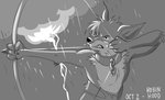 angry anthro arrow_(weapon) bared_teeth bow_(weapon) chain clothed clothing collar electricity fur holding_bow_(weapon) holding_object holding_ranged_weapon holding_weapon lightning male raining ranged_weapon solo teeth text topless topless_male torn_clothing weapon wet sanssouci disney robin_hood_(disney) robin_hood canid canine fox mammal red_fox true_fox 2020 english_text greyscale monochrome