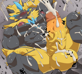 anthro balls big_balls big_penis black_body bodily_fluids clenched_teeth cum cum_on_arm cum_on_balls cum_on_belly cum_on_body cum_on_ceiling cum_on_chest cum_on_leg cum_on_penis damaged_ceiling destruction excessive_cum excessive_genital_fluids eyes_closed fur genital_fluids genitals group growth humanoid_genitalia humanoid_penis inside licking macro male muscle_growth muscular muscular_male nipple_fetish nipple_play orgasm penile penis room_filling size_difference teeth thick_penis tongue whiskers yellow_body yellow_fur maldu nintendo pokemon felid generation_7_pokemon legendary_pokemon mammal pokemon_(species) zeraora absurd_res hi_res