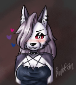 anthro bisexual_pride_colors black_eyeshadow black_nose blush blush_lines breasts cleavage clothed clothing collar ear_piercing ear_ring eyelashes eyeshadow female fur grey_hair hair hair_over_eye heart_symbol lgbt_pride makeup multicolored_body multicolored_fur notched_ear occult_symbol pentagram piercing pointy_ears pride_colors red_sclera ring_piercing shirt simple_background sleeveless_shirt smile solo spiked_collar spikes symbol topwear white_body white_fur boobfan06 hellaverse helluva_boss mythology loona_(helluva_boss) canid canid_demon canine demon hellhound mammal mythological_canine mythological_creature 2025 digital_media_(artwork) signature