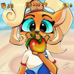 anthro big_eyes blonde_hair clothing female food fruit fur hair hand_holding_object orange_body orange_fur plant sky solo standing text white_clothing wumpa_fruit bobolate chokorev activision crash_bandicoot_(series) coco_bandicoot bandicoot mammal marsupial 1:1 absurd_res detailed hi_res