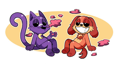 anthro chibi duo jewelry male male/male moon necklace purple_body smile smoke sun taiyakepon mob_entertainment poppy_playtime smiling_critters catnap_(poppy_playtime) dogday_(poppy_playtime) canid canine canis critters_(poppy_playtime) domestic_cat domestic_dog felid feline felis mammal 2024