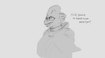 anthro cape clothed clothing collar ears_back horn male pivoted_ears profanity side_view simple_background smile smug smug_face solo text white_background dumliz lizetor kobold lizard mammal reptile scalie 16:9 digital_media_(artwork) english_text half-length_portrait hi_res monochrome portrait sketch widescreen