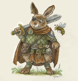 4_fingers anthro biped brown_body brown_fur clothed clothing duo ear_piercing ear_ring eye_patch eyewear feral fingers fur humanoid_hands melee_weapon outside piercing ring_piercing size_difference standing sword weapon tyrie arthropod bee hymenopteran insect lagomorph leporid mammal rabbit 2026