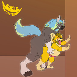 anthro beard blush bread duo facial_hair food genitals grey_body hair hooves horn male male/male penis tongue tongue_out yellow_body rogerwoof rogerwoof_(character) stonel_(rogerwoof) canid canine canis demon_horse domestic_dog equid equine horse hybrid mammal 1:1 hi_res