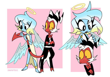 alternate_species blonde_hair blue_hair blush bow_tie clothed clothing coat duo eyelashes feet female hair halo heaven hell hooves horn male male/female not_furry robe spade_tail tail topwear white_hair wings yellow_sclera emositecc hellaverse helluva_boss millie_(helluva_boss) moxxie_(helluva_boss) angel demon demon_humanoid humanoid imp tailed_humanoid