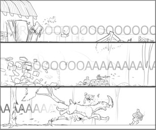 female feral fight fur gore group gun hair horn open_mouth ranged_weapon running tail teats tongue weapon ncimpuu rimworld human mammal thrumbo 6:5 comic hi_res monochrome