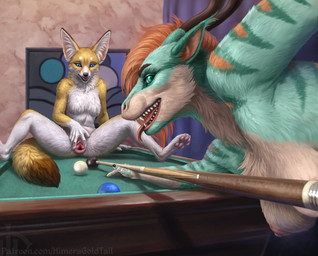 animal_genitalia animal_vulva anthro ball billiard_ball billiard_cue billiards blue_body blue_eyes blue_fur breasts canine_genitalia canine_vulva duo eyelashes featureless_breasts female female_anthro forked_tongue fur genitals glistening glistening_eyes hair inner_ear_fluff inside looking_at_viewer nipples nude open_mouth orange_hair pink_nipples red_tongue short_hair sitting spread_legs spread_vulva spreading tongue tongue_out tuft vulva white_body white_fur white_inner_ear_fluff himeragoldtail mythology nella canid canine dragon fennec_fox fox furred_dragon furred_scalie mammal mythological_creature mythological_scalie scalie true_fox 2024 hi_res