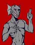 anthro biped cross cross_necklace gills grey_body horn jewelry male necklace outline red_background red_eyes simple_background smile solo teeth nuclear_weeaboo zink_shan lizard reptile scalie sly digital_media_(artwork) half-length_portrait hi_res portrait restricted_palette