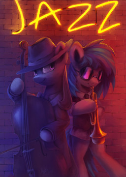 anthro black_hair bow_(feature) bow_(stringed_instrument) bow_tie bowed_string_instrument brass_instrument cello clothing duo eyewear female fur glasses grey_body grey_fur hair hat headgear headwear horn inside looking_at_viewer multicolored_hair musical_instrument necktie neon_sign semi-anthro sign smile string_instrument sunglasses text trumpet wind_instrument anticularpony friendship_is_magic hasbro my_little_pony mythology octavia_(mlp) vinyl_scratch_(mlp) earth_pony equid equine horse mammal mythological_creature mythological_equine pony unicorn 2015 english_text hi_res