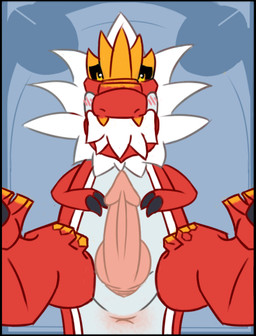 animal_genitalia anus black_border blush border erection genital_slit genitals knot male non-canine_knot penis presenting presenting_penis solo spread_legs spreading doc_(artist) monster_mind nintendo pokemon dinosaur fossil_pokemon generation_6_pokemon pokemon_(species) prehistoric_species reptile scalie tyrantrum