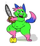 3_fingers 3_toes anthro belly biped black_nose blue_body blue_ears blue_fur blue_tail chainsaw cheek_tuft dipstick_tail eyebrows facial_tuft featureless_crotch feet fingers foot_on_head fur fur_markings fur_tuft gloves_(marking) green_body green_fur hair holding_chainsaw holding_object holding_power_tool holding_tool leg_markings male markings multicolored_body multicolored_fur navel nude_anthro nude_male open_mouth open_smile overweight overweight_anthro overweight_male pink_body pink_fur pink_hair pink_tail pink_tail_tip power_tool severed_body_part severed_head shadow sharp_teeth simple_background smile socks_(marking) spiky_hair standing tail tail_markings teeth text toes tools tuft two_tone_tail white_background soupsonic705 don't_touch_my_pizza_(meme) nyanwolf kevin_(nyanwolf) noob_(roblox) domestic_cat felid feline felis mammal 2025 artist_name hi_res