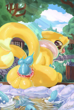 2_tails ambiguous_gender anal anal_penetration anal_vore backsack balls bodily_fluids cum feral genital_fluids genitals light male male/ambiguous markings multi_tail open_mouth penetration plant pond sex solo sunlight tail tail_markings tongue tree vore fawe nintendo pokemon aquatic buizel fish generation_4_pokemon mammal pokemon_(species) shiny_pokemon 2026 digital_drawing_(artwork) digital_media_(artwork) hi_res shaded signature