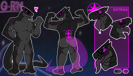 3_toes 4_fingers anthro feet fingers flexing gesture glowing glowing_eyes glowing_markings long_tail looking_at_viewer male markings mouth_shot muscular open_mouth standing tail toes waving vallis_cloven g.ram_(vallis-cloven) biomechanical synth_(vader-san) 2025 hi_res model_sheet