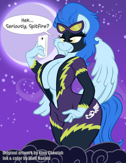 anthro anthrofied big_breasts blue_hair blue_tail bodysuit breasts cleavage clothed clothing cloud detailed_background dialogue electronics eyelashes eyewear eyewear_on_head feathered_wings feathers female fur goggles goggles_on_head grey_body grey_fur hair holding_object holding_phone lidded_eyes looking_at_object looking_at_phone moon night phone purple_clothing skinsuit smile solo speech_bubble standing_on_cloud tail text tight_clothing unzipped_bodysuit wings king-cheetah third-party_edit wolf_nanaki_(colorist) friendship_is_magic hasbro my_little_pony mythology shadowbolts_(mlp) equid equine mammal mythological_creature mythological_equine pegasus absurd_res color_edit colored digital_media_(artwork) english_text hi_res