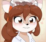 abstract_background alfa995 anthro bite biting_lip biting_own_lip blush braided_hair brown_body brown_eyes brown_fur brown_hair clothing coat deer doe_(alfa995) eyelashes eyewear female fur goggles hair lab_coat long_hair mammal reaction_image self_bite solo topwear