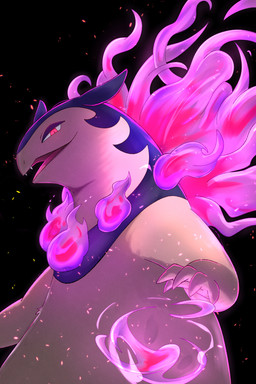 5_fingers ambiguous_anthro ambiguous_gender anthro black_background blue_body blue_ears blue_fur colored_fire fangs fingers fire flaming_hair flaming_mane fur glowing glowing_eyes half-closed_eyes light looking_at_viewer looking_down looking_down_at_viewer multicolored_body multicolored_fur narrowed_eyes open_mouth pink_eyes pink_tongue pseudo_hair pseudo_mane pupils purple_fire semi-anthro simple_background slit_pupils snout solo standing tan_body tan_fur teeth tongue two_tone_body two_tone_fur rumine nintendo pokemon generation_8_pokemon hisuian_form hisuian_typhlosion mammal mustelid pokemon_(species) regional_form_(pokemon) 2026 2:3 hi_res lighting shaded