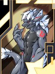 anthro belly black_belly glistening glistening_body grey_body hair solo white_hair fishy_fizz mythology dragon mythological_creature mythological_scalie scalie hi_res