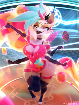 4_arms anthro armwear big_breasts breasts candy cleavage clothed clothing dessert elbow_gloves female fingerless_gloves food gloves handwear holding_candy holding_food holding_lollipop holding_object insect_wings inside lollipop multi_arm multi_limb neon_lights open_mouth pink_eyes solo standing thick_thighs wide_hips wings lunar57 aeridiccore_(modeler) hellaverse helluva_boss mythology queen_bee-lzebub_(helluva_boss) arthropod bee canid canid_demon canine demon fox hellhound hybrid hymenopteran insect mammal mythological_canine mythological_creature 3:4 3d_(artwork) absurd_res digital_media_(artwork) hi_res