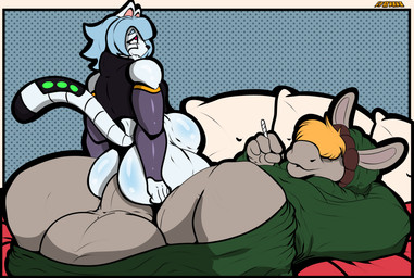 4_fingers abdominal_bulge ahegao anal anal_penetration anthro anthro_on_anthro anthro_penetrated anthro_penetrating anthro_penetrating_anthro balls bed big_balls big_penis blue_hair clothing drugs duo fingers furniture genitals green_clothing hair hair_over_eyes huge_balls huge_penis hyper hyper_balls hyper_genitalia hyper_penis larger_male looking_pleasured male male/male marijuana penetration penile penile_penetration penis pillow pink_eyes red_sheets sex simple_background size_difference smaller_penetrated smoking smoking_marijuana tan_body white_body cyaturus_(artist) capcom mega_man_(series) hangeki asinus donkey equid equine felid feline mammal reploid 2025 hi_res