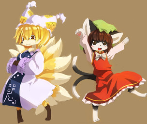 anthro barefoot black_body black_fur black_hair blonde_hair clothed clothing digitigrade dipstick_tail duo feet female fur hair kemono markings tail tail_markings kishibe touhou chen_(touhou) 2008