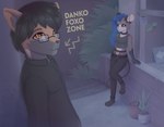 alley anthro background_signs duo eyewear female glasses male plant tanatos_aaa american_opossum canid canine fox mammal marsupial hi_res