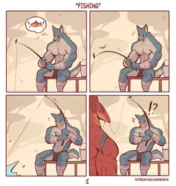 anthro arm_wraps clothed clothing duo fishing fishing_rod fur interrobang leg_wraps male muscular muscular_male panties partially_clothed plant sitting tail tree underwear wraps wolfanine aquatic canid canine canis fish mammal wolf comic hi_res