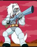 anthro black_bars clothed clothing cybernetics desert gun hair holding_gun holding_object holding_ranged_weapon holding_weapon lever_action machine male muscular muscular_anthro muscular_male outside ranged_weapon rifle sara_jane solo weapon white_hair droll3 bravestarr thirty_thirty cyborg equid equine horse mammal 2018 hi_res letterbox