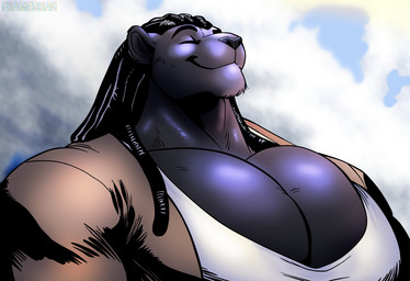 anthro big_muscles big_pecs black_body black_fur black_hair chin_tuft closed_smile clothed clothed_anthro clothed_male clothing cloud detailed_background dreadlocks eyes_closed facial_tuft fur hair jacket male mouth_closed muscular muscular_anthro muscular_male pecs raised_head shirt sky skyscape smile solo text topwear tuft framedrag excuse_me_sir_(meme) the_boys_(series) felid mammal pantherine 2026 artist_name digital_drawing_(artwork) digital_media_(artwork) meme shaded