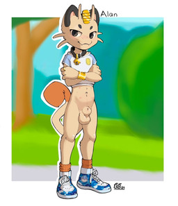 animal_genitalia anthro balls bell bell_collar biped black_collar black_ears black_eyebrows black_eyes black_text blue_clothing blue_footwear blue_shirt blue_shoes blue_sneakers blue_topwear blurred_background blush blush_lines border bottomless bottomless_anthro bottomless_male bracelet casual_exposure closed_smile clothed clothed_anthro clothed_male clothing collar crossed_arms digit_ring dipstick_tail eyebrows fangs finger_ring fingers flesh_fang footwear front_view fully_sheathed fur genitals gold_(metal) gold_bracelet gold_jewelry gold_ring jewelry looking_at_viewer male male_anthro markings mouth_closed multi_nipple multicolored_clothing multicolored_footwear multicolored_shirt multicolored_shoes multicolored_sneakers multicolored_topwear nature nature_background navel nipples noseless orange_clothing orange_footwear orange_markings orange_socks orange_tail_tip outline outside outside_border pink_inner_ear pink_nipples plant plantigrade pupils ring sheath shirt shoes slim slim_anthro slim_male smile smiling_at_viewer sneakers socks solo standing tail tail_markings tan_body tan_fur teeth text topwear tree white_border white_clothing white_footwear white_outline white_sclera white_shirt white_shoes white_sneakers white_topwear bedtime_buck nintendo pokemon meowth_(bedtime_buck) generation_1_pokemon meowth pokemon_(species) full-length_portrait hi_res portrait