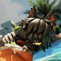 anthro black_body black_hair clothed clothing eyewear fur hair looking_at_viewer male piercing pool_float smile solo sunglasses swimming_pool tongue tongue_out white_body white_fur cynthiaacid valorlynz_(modeler) arknights hypergryph studio_montagne aak_(arknights) domestic_cat felid feline felis mammal 1:1 2025 3d_(artwork) blender_(artwork) digital_media_(artwork) hi_res
