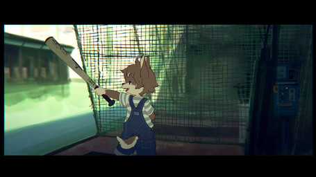 anthro clothing holding_baseball_bat kemono looking_aside male open_mouth overalls pattern_clothing pattern_shirt pattern_topwear shirt solo striped_clothing striped_shirt striped_topwear stripes topwear training young young_anthro young_male nishiko24 ookami_(nishiko24) canid canine canis mammal wolf 16:9 2019 hi_res japanese_description widescreen