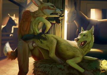 animal_genitalia animal_penis animal_vulva anthro anthro_on_feral anthro_penetrating anthro_penetrating_feral balls being_watched bestiality bodily_fluids canine_genitalia canine_penis canine_vulva duo erection eyes_closed female female_feral feral feral_penetrated from_behind_position genitals hay hay_bale looking_at_another looking_back looking_pleasured male male/female male_anthro penetration penile penile_penetration penis penis_in_vagina sex sheath stable teeth vaginal vaginal_penetration vulva fokker_(artist) canid canine canis domestic_dog equid equine fox horse mammal absurd_res hi_res