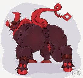 2_horns 4_fingers anthro anus backsack balls bodily_fluids body_hair brown_body brown_fur claws clothing crouching fingers fur genital_fluids genitals hair hat hat_only headgear headgear_only headwear headwear_only hooves horn humanoid_genitalia humanoid_penis leaking leaking_precum looking_at_viewer looking_back male mostly_nude multicolored_body multicolored_fur neck_tuft penis precum puckered_anus rear_view red_body red_claws red_fur simple_background slightly_chubby slightly_chubby_male solo tail tuft aimskull forsaken_(roblox) guest_666_(forsaken) demon mammal monster unknown_species 2025 hi_res signature nonbinary_(lore)