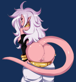 anus arm_warmers armwear black_nails black_sclera bottomwear bottomwear_down bracelet breasts butt clothed clothing colored_nails ear_piercing ear_ring female fingers genitals grin hair humanoid_pointy_ears jewelry long_hair looking_back nails neck_ring not_furry pants pants_down partially_clothed piercing pink_body pink_skin pointy_ears presenting red_eyes ring_piercing smile solo teeth vulva white_hair radlionheart dragon_ball dragon_ball_fighterz android_21 majin_android_21 alien alien_humanoid humanoid majin 2018 absurd_res alpha_channel digital_media_(artwork) hi_res
