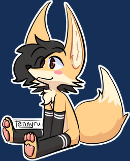 :3 ambiguous_gender anthro arm_warmers armwear black_hair blush brown_body brown_eyes brown_fur chest_tuft chibi clothing fur hair legwear long_ears paws sitting solo sticker stockings tail tan_body tan_fur thigh_highs tuft conditional_dnp fennyru ru_(fennyru) canid canine fennec_fox fox mammal true_fox alpha_channel hi_res watermark