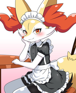 3_fingers 3_toes ambiguous_gender anthro apron big_ears big_tail black_body blush blush_lines bottomwear clothing dress eyelashes feet fingers inner_ear_fluff looking_at_viewer maid_headdress maid_uniform pointed_nose pseudo_clothing red_eyes red_nose sitting skirt smile solo stick_in_tail tail toes tuft uniform white_body yellow_body applebloom_love nintendo pokemon braixen generation_6_pokemon mammal pokemon_(species) 2025 colored digital_drawing_(artwork) digital_media_(artwork) hi_res portrait shaded