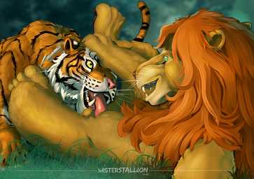 ambiguous_gender anatomically_correct black_body black_fur black_stripes blue_eyes brown_body brown_fur brown_mane duo fellatio feral feral_on_feral forest fur genitals grass jungle love male male/ambiguous male_focus mane open_mouth oral orange_body orange_fur outside ownership penile penis pink_nose plant red_mane sex slave smile striped_body striped_fur stripes teeth tree whiskers white_body white_fur yellow_eyes misterstallion felid lion mammal pantherine tiger 2018