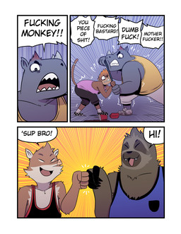 angry anthro black_clothing black_shirt black_topwear blue_clothing blue_shirt blue_topwear bottomwear brown_body brown_fur clenched_teeth clothed clothing cute_fangs dialogue eyes_closed facial_horn fangs fast_food fight fist_bump food footwear fur gesture greeting grey_body group happy holding_tray horn insult male nose_horn pink_clothing pink_shirt pink_topwear profanity shirt shoes shorts smile sneakers speech_bubble tank_top teeth text topwear triangle_nose yellow_clothing yellow_shirt yellow_topwear t0l0k bert_(t0l0k) earl_(t0l0k) hector_(t0l0k) izzy_(t0l0k) haplorhine mammal monkey pilosan primate rhinoceros sengi sloth xenarthran absurd_res comic english_text hi_res multiple_scenes