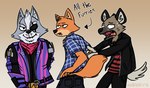 anthro blush bodily_fluids bottomwear clothed clothing coat distracted fully_clothed fur grey_body grey_fur group humor inner_ear_fluff jacket male male/male nervous orange_body orange_fur pants sweat topwear tuft habiyeru aggretsuko distracted_boyfriend nintendo sanrio star_fox super_smash_bros. super_smash_bros._ultimate haida_(aggretsuko) wolf_o'donnell canid canine canis fox hyena mammal spotted_hyena wolf 2018 absurd_res hi_res meme