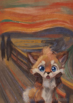 ambiguous_gender blue_eyes blurred_background bridge brown_body brown_fur chibi countershading daww detailed_background feral fur group hand_on_cheek looking_at_viewer multicolored_body multicolored_fur orange_body orange_fur painterly sky solo_focus style_emulation trio white_body white_fur silverfox5213 the_scream big_nug canid canine canis fox mammal red_fox true_fox 2020 digital_media_(artwork) digital_painting_(artwork) inspired_by_formal_art painting_(artwork)