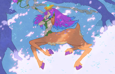 eyes_closed female female_taur hooves lying on_ground on_side outside sleeping snow solo staff eio331 league_of_legends riot_games tencent lillia_(lol) deer deer_taur humanoid_taur mammal mammal_taur taur 2026 absurd_res hi_res