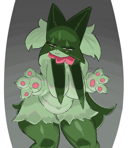 3_fingers :3 anthro areola areola_slip bedroom_eyes belly big_breasts breasts eyes_mostly_closed female fingers fur green_body green_fur grey_background looking_at_viewer narrowed_eyes nude nude_anthro nude_female overweight overweight_anthro overweight_female pawpads pink_body pseudo_clothing red_eyes seductive simple_background solo standing text thick_thighs itidesu_zoe nintendo pokemon generation_9_pokemon meowscarada pokemon_(species) absurd_res artist_name colored hi_res japanese_description portrait shaded three-quarter_portrait