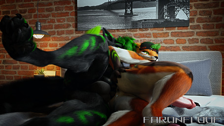 anthro balls bedroom bedroom_sex big_balls black_body black_fur bodily_fluids boyfriend/boyfriend butt cum cum_drip cum_in_ass cum_inside dripping duo fur furniture genital_fluids genitals green_eyes hair inaccurate_knotting knot knotted_penis looking_at_viewer lying male male/male multicolored_body on_side orange_body orange_fur penetration penis sex tail white_body white_fur faronfloof faronfloof_(character) hoodbrailen_(character) canid canine fox mammal rexouium 16:9 3d_(artwork) 4k absurd_res blender_(artwork) blender_cycles_(artwork) digital_media_(artwork) hi_res watermark widescreen