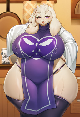 anthro big_breasts biped blush bodily_fluids breasts clothed clothing ellipsis eyebrows female fingers front_view fur horn huge_breasts huge_hips huge_thighs lactating mature_anthro mature_female narrowed_eyes open_mouth overweight overweight_anthro overweight_female purple_eyes skimpy solo standing sweat text thick_thighs white_body white_fur wide_hips mleonheart undertale_(series) toriel bovid caprine goat mammal 2025 hi_res