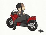 anthro big_butt black_hair bottomwear brown_body brown_fur butt clothed clothing female footwear fur hair motorcycle pants shoes simple_background solo vehicle white_background tansau canid canine canis domestic_dog mammal 2022 hi_res